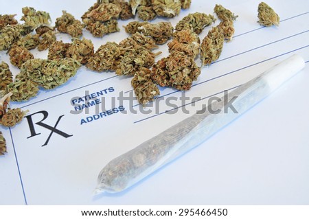 Dry medical marijuana buds with joint and prescription paper