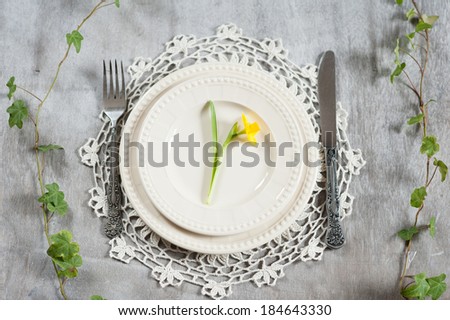 Serving plate, knife and fork on a table with a narcissist