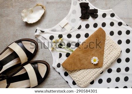 Overhead of essentials vintage woman. Outfit of casual woman.