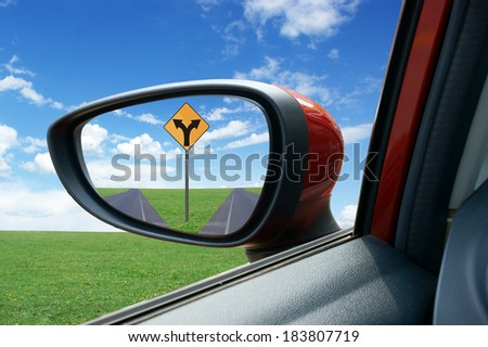 From the car rearview mirror to see the road and road signs.