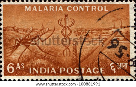 INDIA - CIRCA 1955: A stamp printed in India honoring Malaria Control, shows Mosquito and Staff of Aesculapius; Five Year Plan series, circa 1955