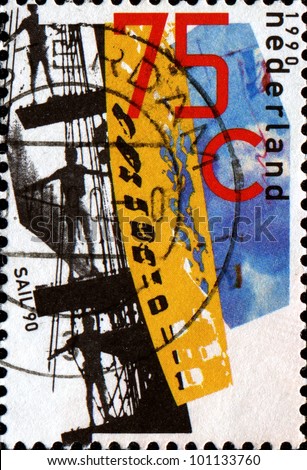 NETHERLANDS - CIRCA 1990: A stamp printed in Netherlands honoring 3rd Anniv of Dutch East India Company Ships Association (replica ship project), Amsterdam shows Crew manning yards on sailing ship