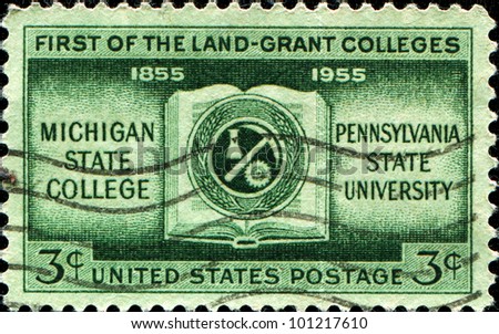 UNITED STATES - CIRCA 1955: A stamp printed in the United States honoring 	Centenary of First Land-Grant Colleges, shows Open Book and Symbols of Subjects taught , circa 1955