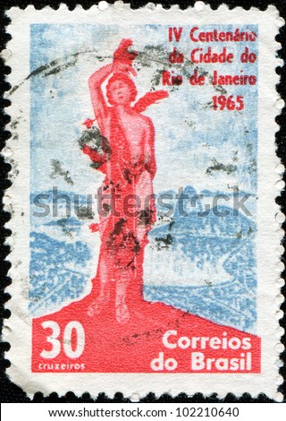 BRAZIL - CIRCA 1965: A stamp printed in Brazil honoring IV Centenary of the City of Rio de Janeiro, shows statue of St. Sebastian, patron saint of Rio de Janeiro, on the square Luis Camoes, circa 1965