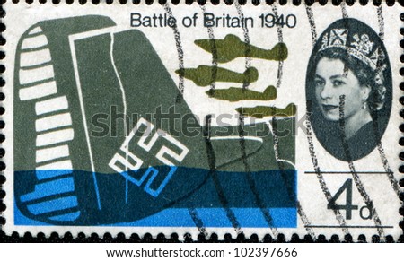 UNITED KINGDOM - CIRCA 1965: A stamp printed in the UK shows Hawker Hurricanes Mk 1 over wreck of Dornier DO-17Z bomber  in the Battle of Britain in WWII, circa 1965