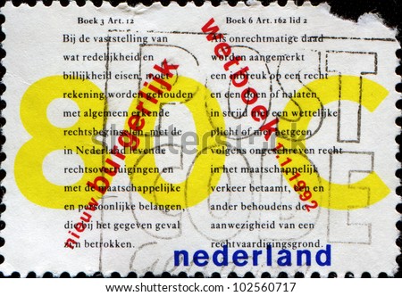 NETHERLANDS - CIRCA 1992: A stamp printed in Netherlands honoring Implementation of Property Provisions of New Civil Code, shows Extract from Code, circa 1992