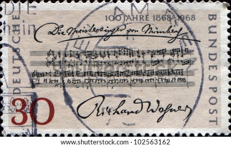 GERMANY - CIRCA 1968: A stamp printed in German Federal Republic issued for the Centenary of 1st Performance of Richard Wagner\'s Opera \
