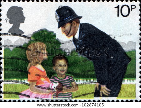 UNITED KINGDOM - CIRCA 1979: A stamp printed in Great Britain dedicated 150th Anniv Metropolitan Police, shows Policeman on the Beat , circa 1979