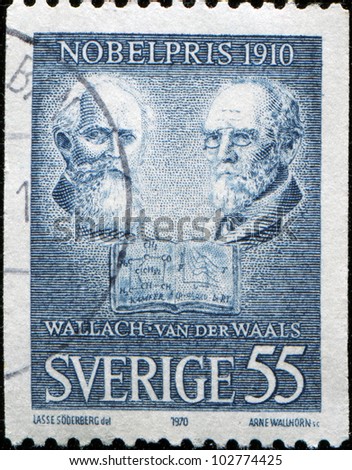 SWEDEN - CIRCA 1970: A stamp printed by Sweden shows Nobel Prize laureats 1910 Otto Wallach and Johannes Diderik van der Waals, circa 1970