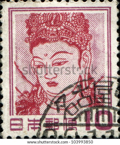 JAPAN - CIRCA 1930: A stamp printed in Japan shows Bodhisattva fragment of fresco from temple Hryu-ji from Mountain Sohonzan province Shotoku, circa 1930