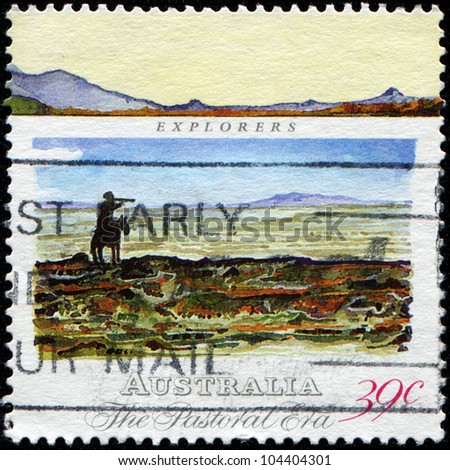 AUSTRALIA - CIRCA 1989: A stamp printed in Australia shows Explorer in desert, after watercolour by Edward Frome, Pastoral Era series, circa 1989