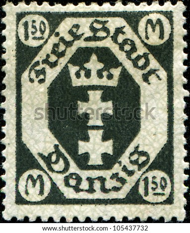 FREE CITY DANZIG - CIRCA 1921: A stamp printed in Free City Danzig (Germany) shows coat of arms of Free City Danzig, circa 1921