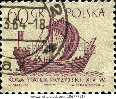 POLAND CIRCA 1963 A stamp printed in POLAND shows koga merchant ship series circa 1963 POLAND CIRCA 1963 A stamp printed in POLAND shows koga merchant ship series circa 1963