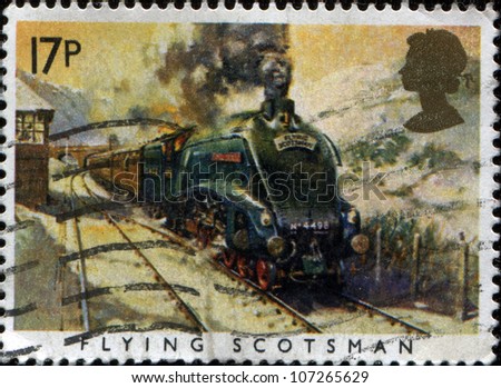 GREAT BRITAIN - CIRCA 1985: A stamp printed in the Great Britain shows Flying Scotsman locomotive, Sesquicentennial of Great Western Railroad, circa 1985