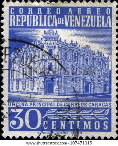 VENEZUELA - CIRCA 1953: Stamp printed in the Venezuela shows post office, Caracas, 1953