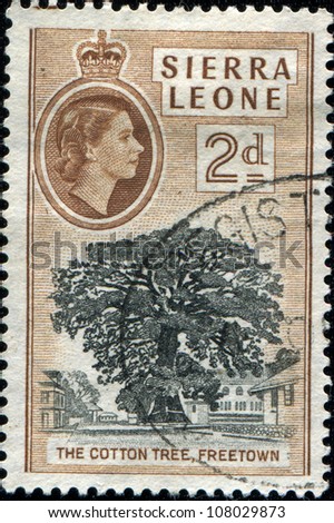 SIERRA LEONE - CIRCA 1956: A stamp printed in Sierra Leone shows Cotton tree, Freetown, circa 1956