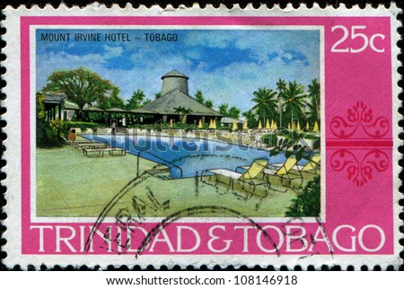 TRINIDAD AND TOBAGO - CIRCA 1970: A stamp printed in Trinidad and Tobago shows Mount Irvine Hotel, Tobago, circa 1970