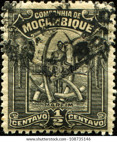 MOZAMBIQUE COMPANY - CIRCA 1918: A stamp printed by Company Mozambique shows trophies, tusks of elephants, circa 1918