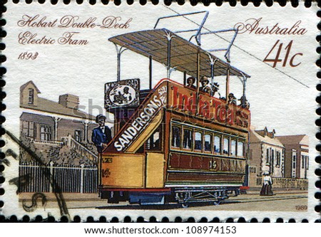 AUSTRALIA - CIRCA 1989: A stamp printed in Australia shows Hobart double-deck electric tram, 1898, circa 1989