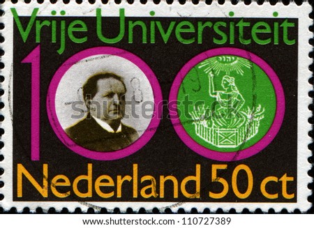 NETHERLANDS - CIRCA 1980: A stamp printed in Netherlands honoring Centenary of Amsterdam Free University, shows Abraham Kuyper (first rector) and University Seal , circa 1980
