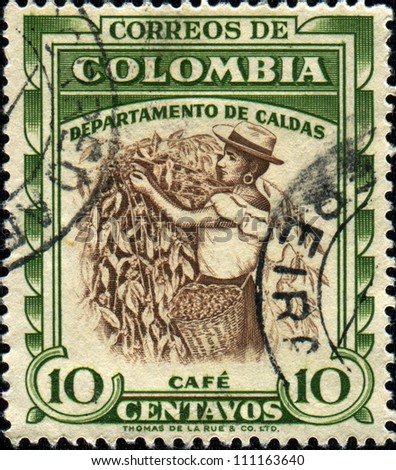 Colombia - Circa 1940: A Stamp Printed In Colombia Shows Coffee Harvesting, Circa 1940