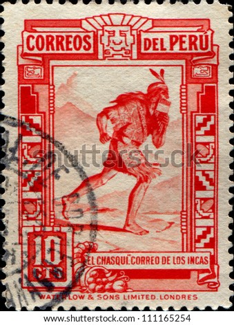 PERU - CIRCA 1936: A stamp printed in Peru shows The chasqui, mail the Incas, circa 1936