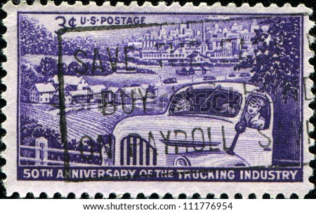 USA - CIRCA 1953: A Stamp printed in USA shows the Truck, Farm and Distant City, Trucking Industry 50th anniversary, circa 1953
