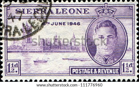 SIERRA LEONE - CIRCA 1946: Stamp honoring London Victory Celebrations of 1946 were British Commonwealth, Empire and Allied victory celebrations held after defeat of Nazi Germany and Japan in WWII