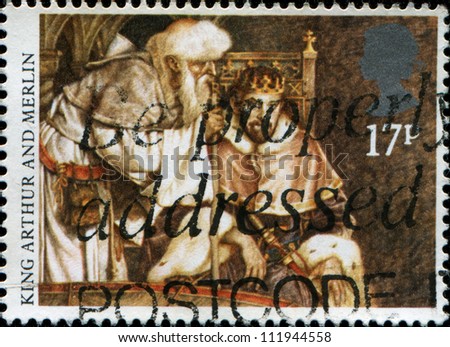 GREAT BRITAIN - CIRCA 1988: A stamp printed in  Great Britain shows King Arthur and Merlin, Arthur consulting with Merlin, circa 1988