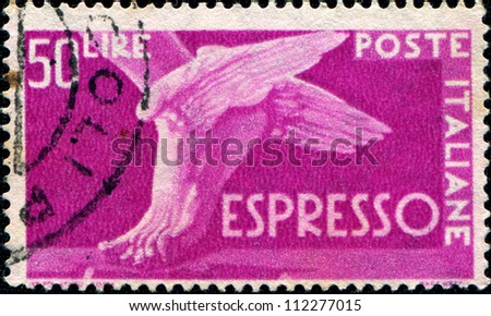 ITALY - CIRCA 1945: A stamp printed in the Italy shows Winged Foot, circa 1945