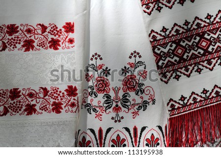 STANITSA LUGANSKAYA, UKRAINE - SEPTEMBER, 8: Ukrainian embroidered towels, International Cossack festival, Stanitsa Luganskaya, Ukraine, September 8, 2012