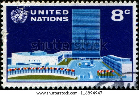 UNITED NATIONS - CIRCA 1971: A Stamp printed in United Nations - New York Headquarters shows U.N. H.Q., New York , circa 1971