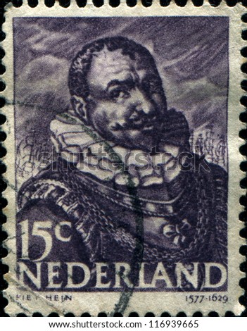 NETHERLANDS - CIRCA 1943: A stamp printed in Netherlands shows Piet Hein was a Dutch naval officer and folk hero during the Eighty Years\' War between the United Provinces and Spain, circa 1943