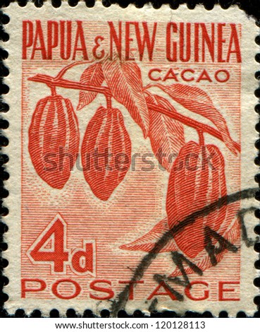 PAPUA NEW GUINEA - CIRCA 19520: A stamp printed in Papua New Guinea shows  cacao plant, circa 1952