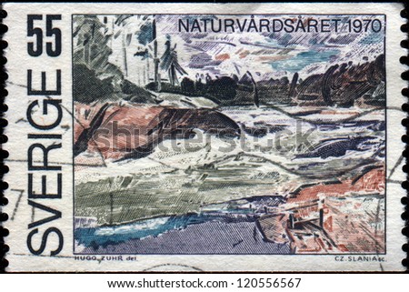 SWEDEN - CIRCA 1970: A stamp printed in Sweden honoring Nature Conservation Year, shows River Ljungan, circa 1970