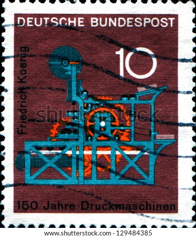GERMANY - CIRCA 1968: A stamp printed in German Federal Republic shows Koenig Printing Press, 150th anniversary of the Koenig printing press, circa 1968