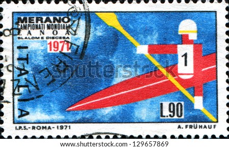 ITALY - CIRCA 1971: A stamp printed in the Italy shows Kayak in free Descent, Canoe Slalom World Championships, Merano, circa 1971