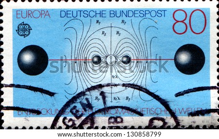 GERMANY - CIRCA 1983: A stamp printed in German Federal Republic shows Resonant Circuit, Electric Flux Lines, Discovery of Electromagnetic Waves by Heinrich Hertz, circa 1983