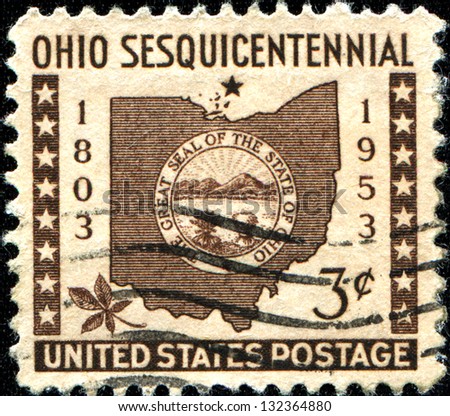 USA - CIRCA 1953: A stamp printed in United States of America shows state of Ohio Seal and border for Ohio \'s Centennial, circa 1953
