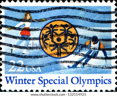 USA - CIRCA 1985: A stamp printed in United States of America dedicated to Winter Special Olympics in Park City, Utah, circa 1985