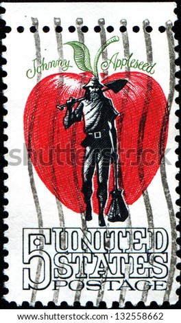 USA - CIRCA 1966: A stamp printed in United States of America shows Johnny Appleseed, man who gave away and sold seedlings to Midwest pioneers, circa 1966