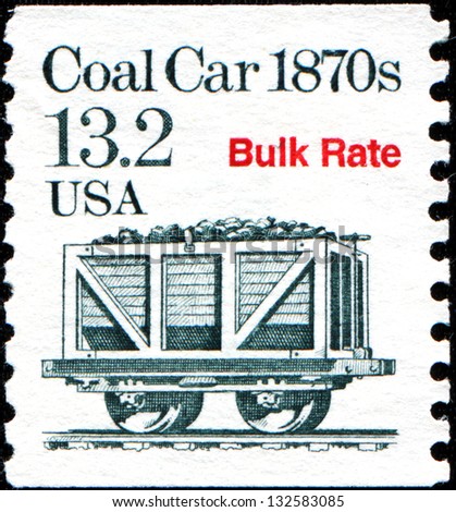 USA - CIRCA 1989: A stamp printed in United States of America shows Coal Car 1870s, Bulk Rate, circa 1989