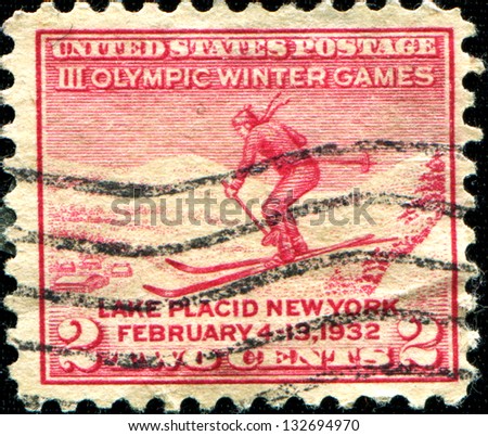 USA - CIRCA 1932: A stamp printed in United States of America shows skier, III Winter Olympic Games,  Lake Placid - New York, February, 1932