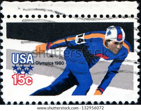 USA - CIRCA 1980: A stamp printed in United States of America dedicated XIII Winter Olympic Games, Lake Placid, skating, circa 1980