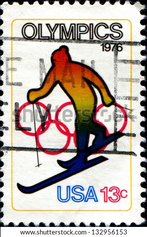 USA - CIRCA 1976: A stamp printed in United States of America showsSkiing and Olympic Rings, 12th Winter Olympic Games, Innsbruck, Austria, circa 1976