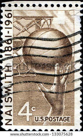 USA - CIRCA 1961: A stamp printed in United States of America shows Hand and Ball, honoring basketball and James Naismith (1861-1939), who invented the game in 1891, circa 1961