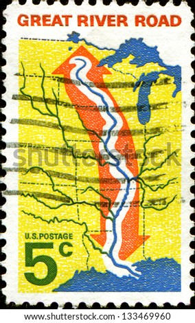 USA - CIRCA 1966: A stamp printed in United States of America shows Central US Map with Great River Road, circa 1966
