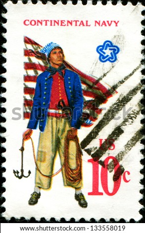 USA - CIRCA 1970: A stamp printed in United States of America shows Military uniform of the American Continental Navy. Sailor with grappling hook, First Navy Jack, circa 1970