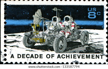 USA - CIRCA 1971: A stamp printed in United States of America shows  Lunar Rover, Apollo 15 moon exploration mission July 26-August 7, Space Achievement Decade Issue, circa 1971