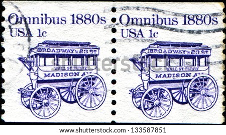USA - CIRCA 1983: A stamp printed in United States of America shows Omnibus 1880s, horse-drawn wagon for passenger transport, circa 1983